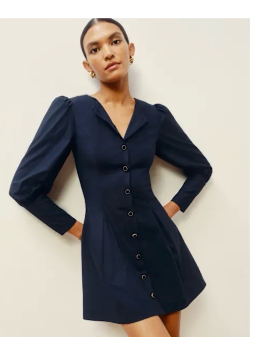 Reformation Lovisa navy blue Button-Front Long Sleeve Dress